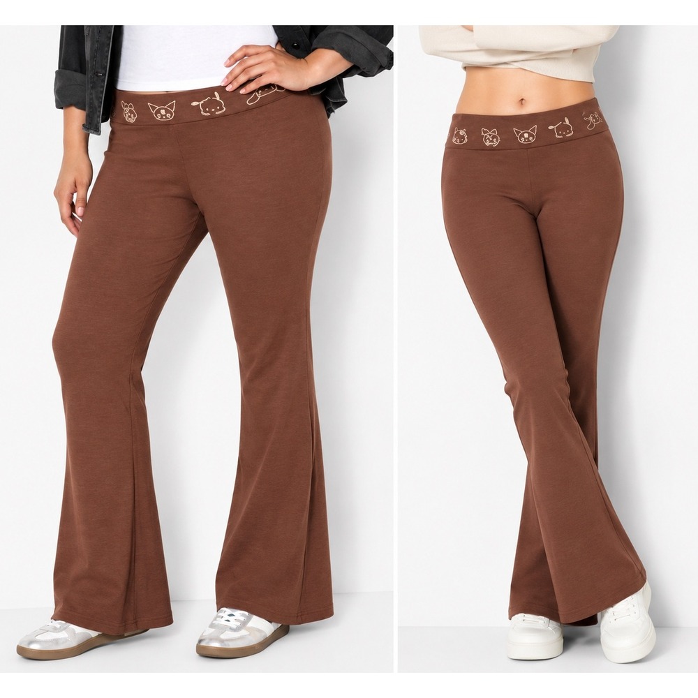 Sanrio Hello Kitty yoga pants medium Y2K Ribbed Flare Women's Brown Foldover